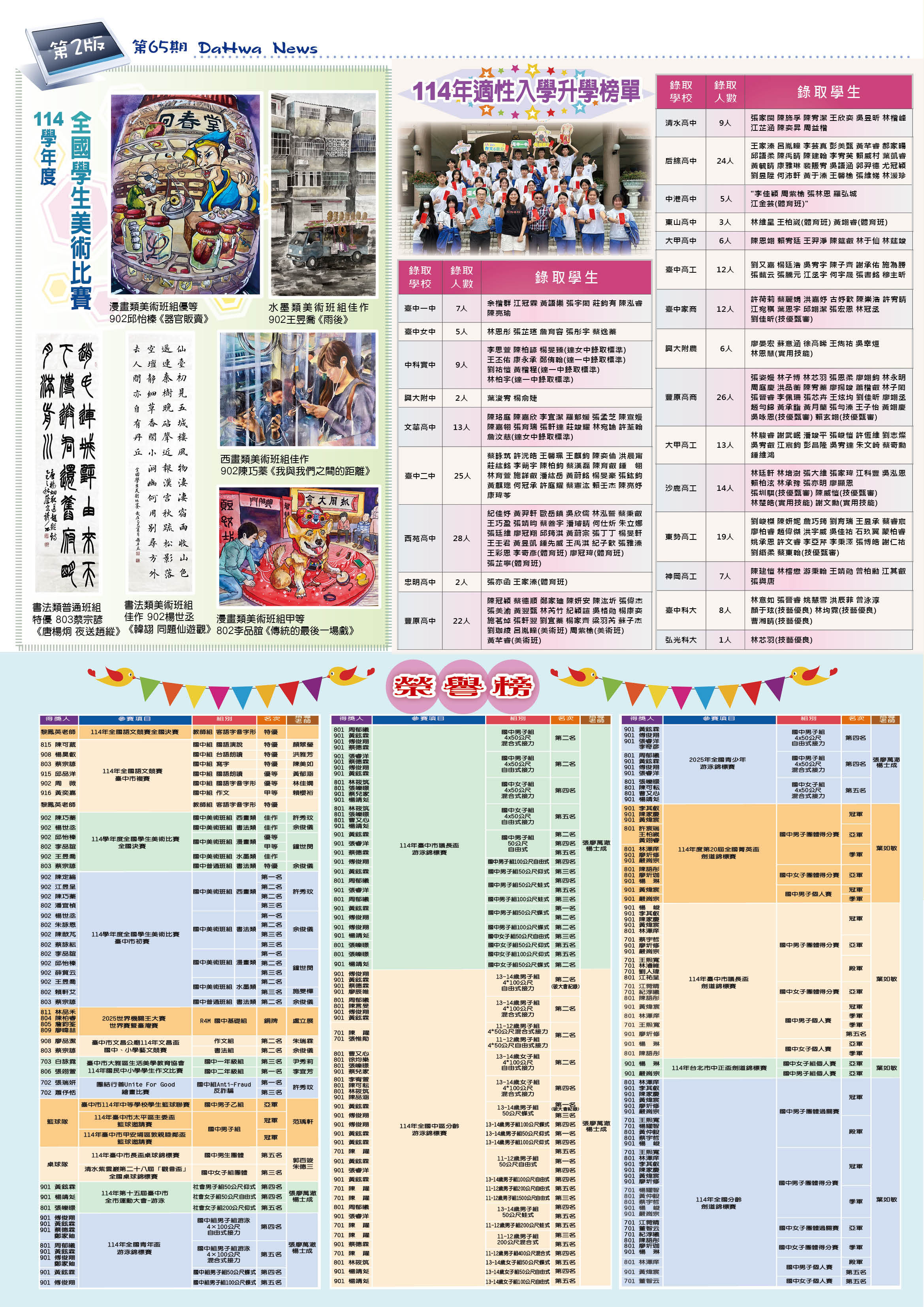 114年全國學生美術比賽作品；114年適性入學升學榜單；各項競賽榮譽榜