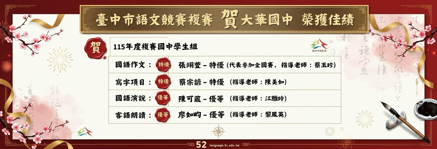 115年台中市語文競賽複賽得獎名單